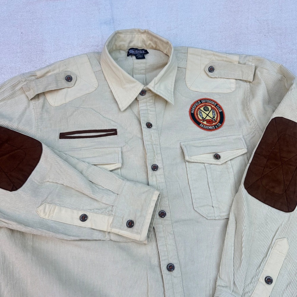 AKDMKS Mens XL Corduroy Button Shirt Tan Cream Elbow Patch Utility Akademiks